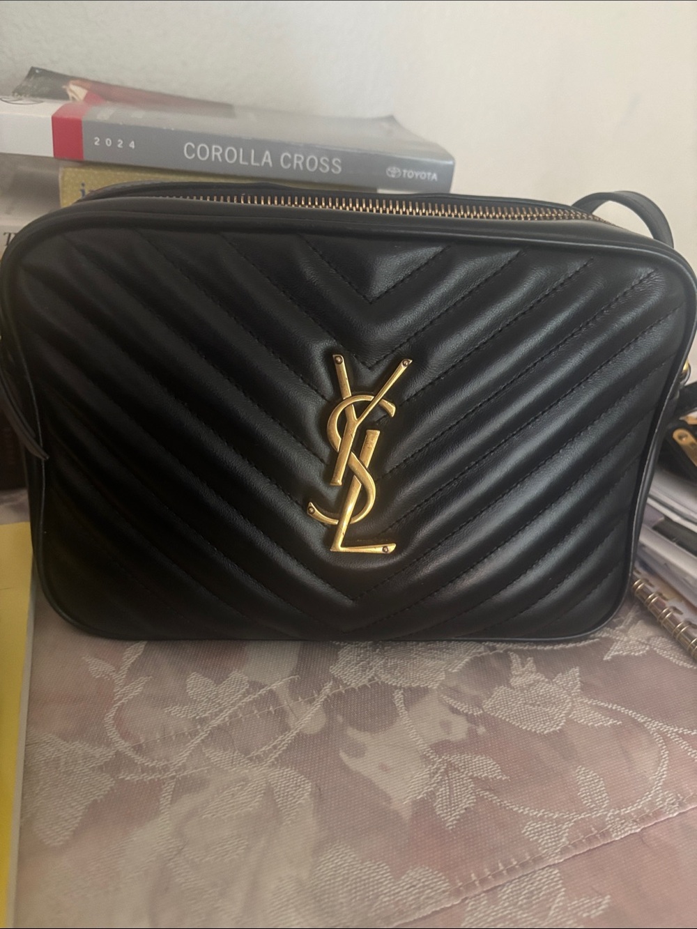 Saint Laurent Black Quilted Leather Camera Crossbody with Gold YSL